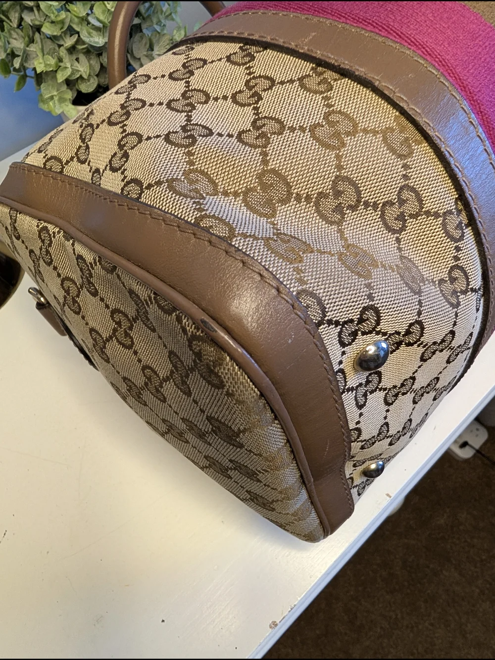 Gucci Vintage Pink & Brown Web Joy GG Monogram Canvas Boston Bag - VGUC!
